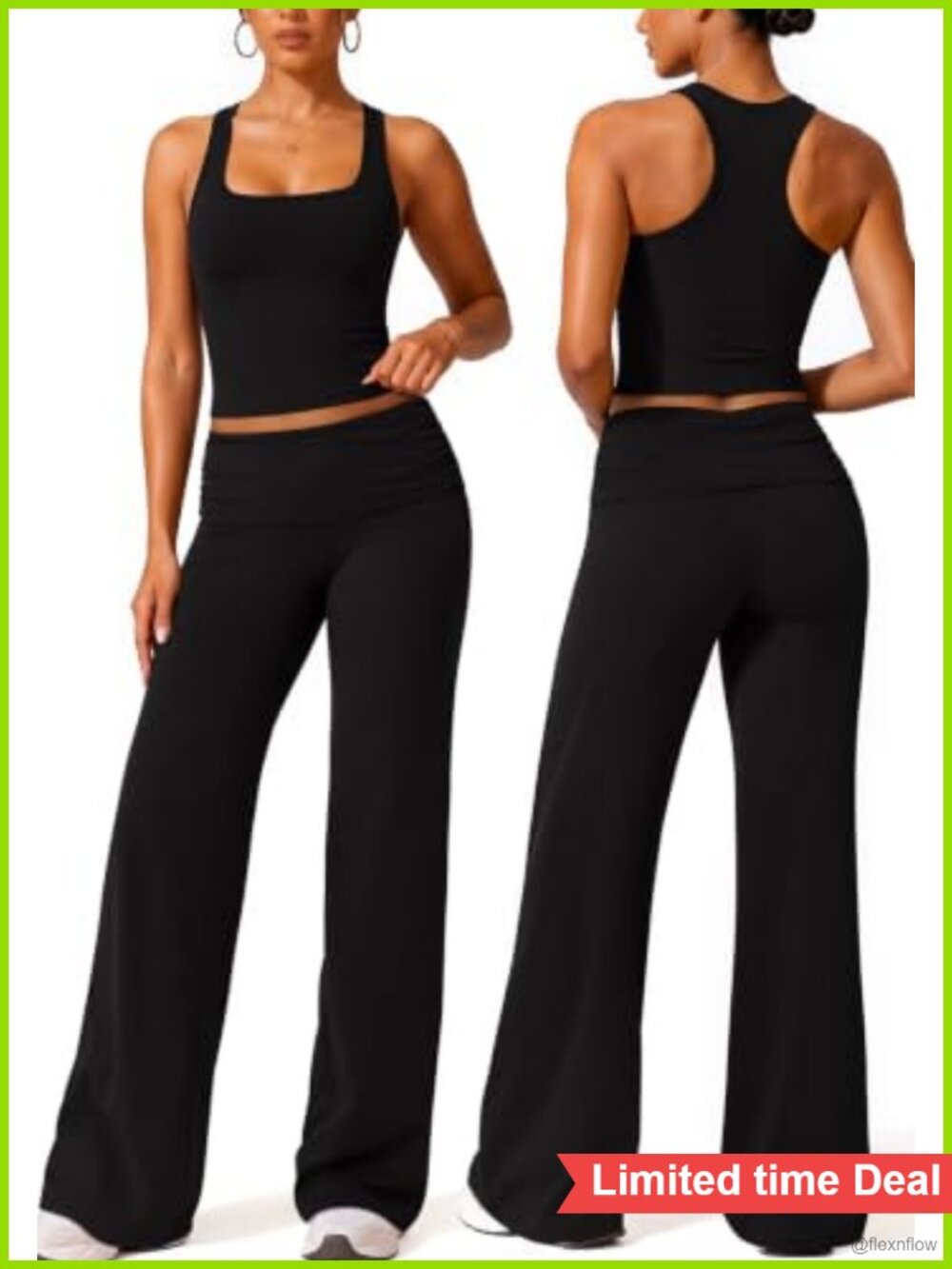 Womens 2 Piece Racerback Workout Set Foldover Wide Leg Yoga Pants